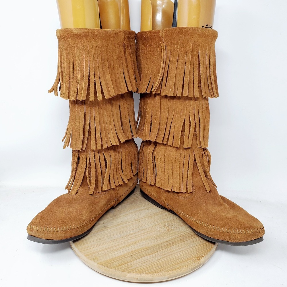 Minnetonka Boots Womens 8 3 Layer Fringe Brown Suede Shoes Minimalist Festival